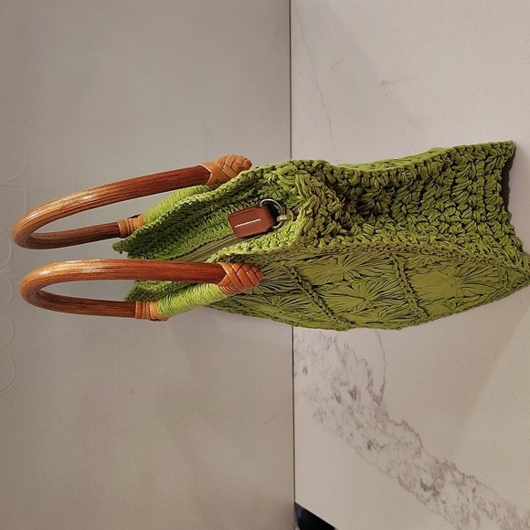 Fossil Straw Mini Satchel Bag Purse Green Double Handle Wood Zip Top - Picture 4 of 14